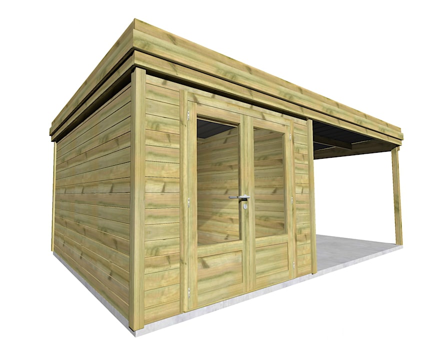 AF2,5x3,3x2,08+ ext3,5 1 Abri jardin en bois pin avec double porte vitrée et appentis sur dalle béton