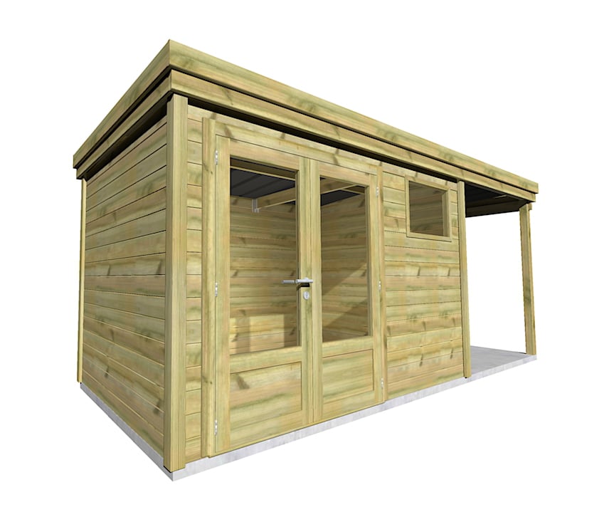 AF3,3x2x2,08+ ext2 1 Abri de jardin en bois de pin avec double porte vitrée et fenêtre, fabrication française