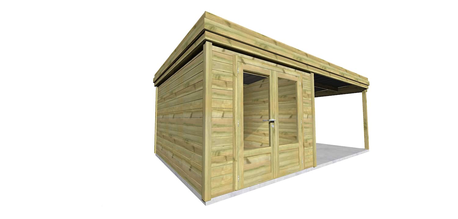 AF2,5x3,3x2,08+ ext3,5 1 Abri jardin en pin sylvestre autoclave classe 3 avec double porte vitrée et appentis attenant