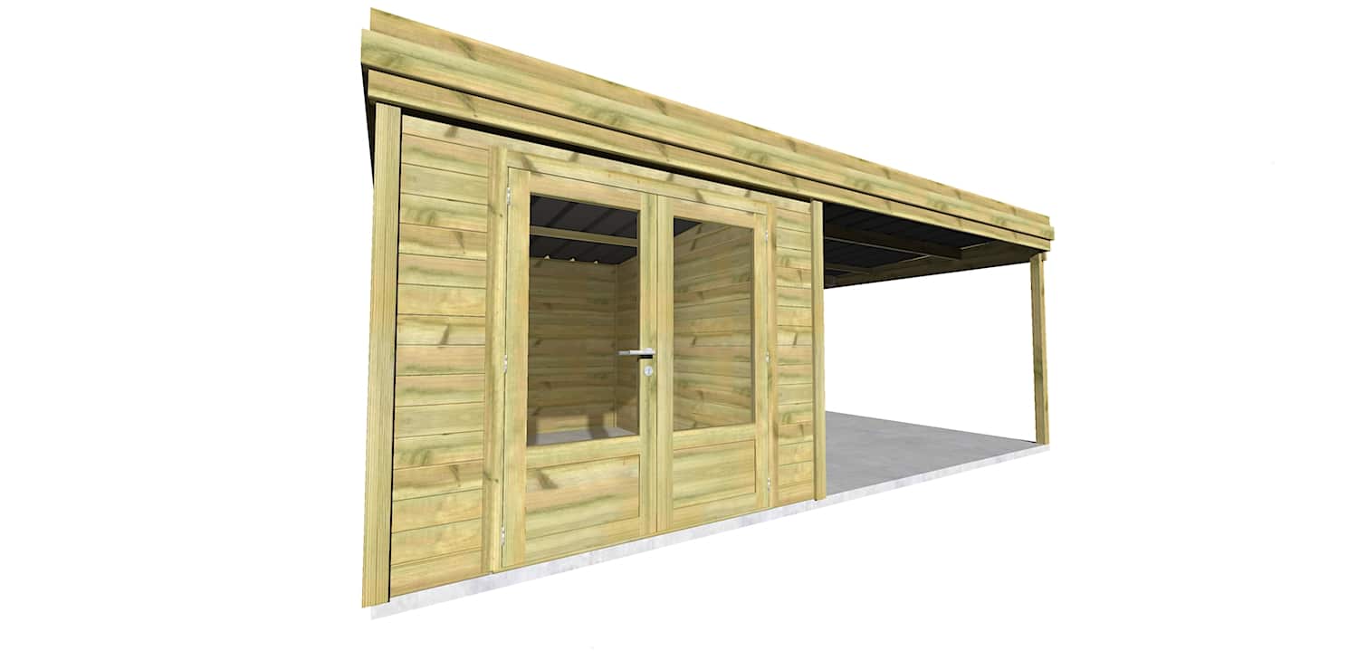AF2,5x3,3x2,08+ ext3,5 3 Abri jardin en pin sylvestre autoclave classe 3 avec double porte vitrée et appentis intégré