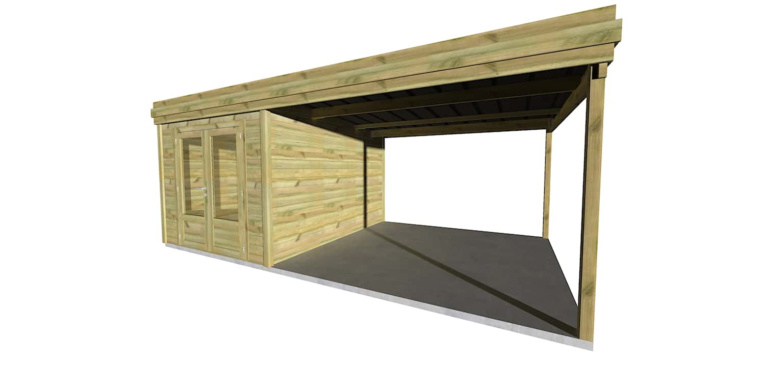 AF2,5x3,3x2,08+ ext3,5 4 Abri jardin en pin sylvestre autoclave classe 3 avec partie appentis et double porte vitrée