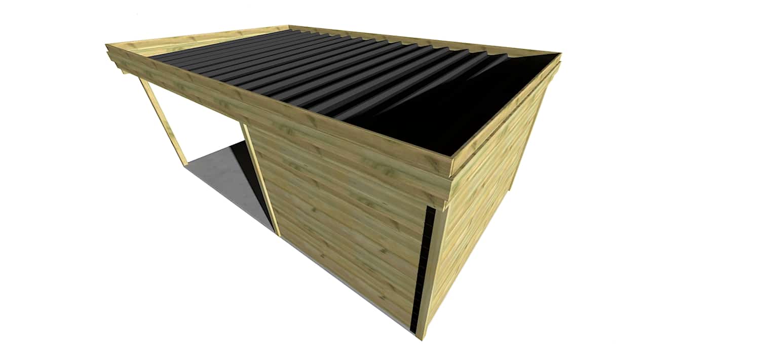 AF2,5x3,3x2,08+ ext3,5 7 Carport en pin sylvestre autoclave classe 3 avec toit noir ondulé sur fond blanc