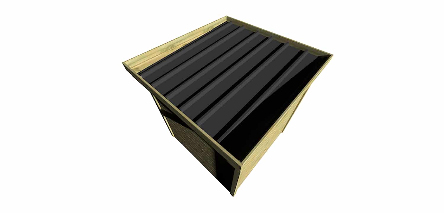 AF2x2x2,08 6 Abri jardin en bois de pin avec toit noir, vue aérienne inclinée