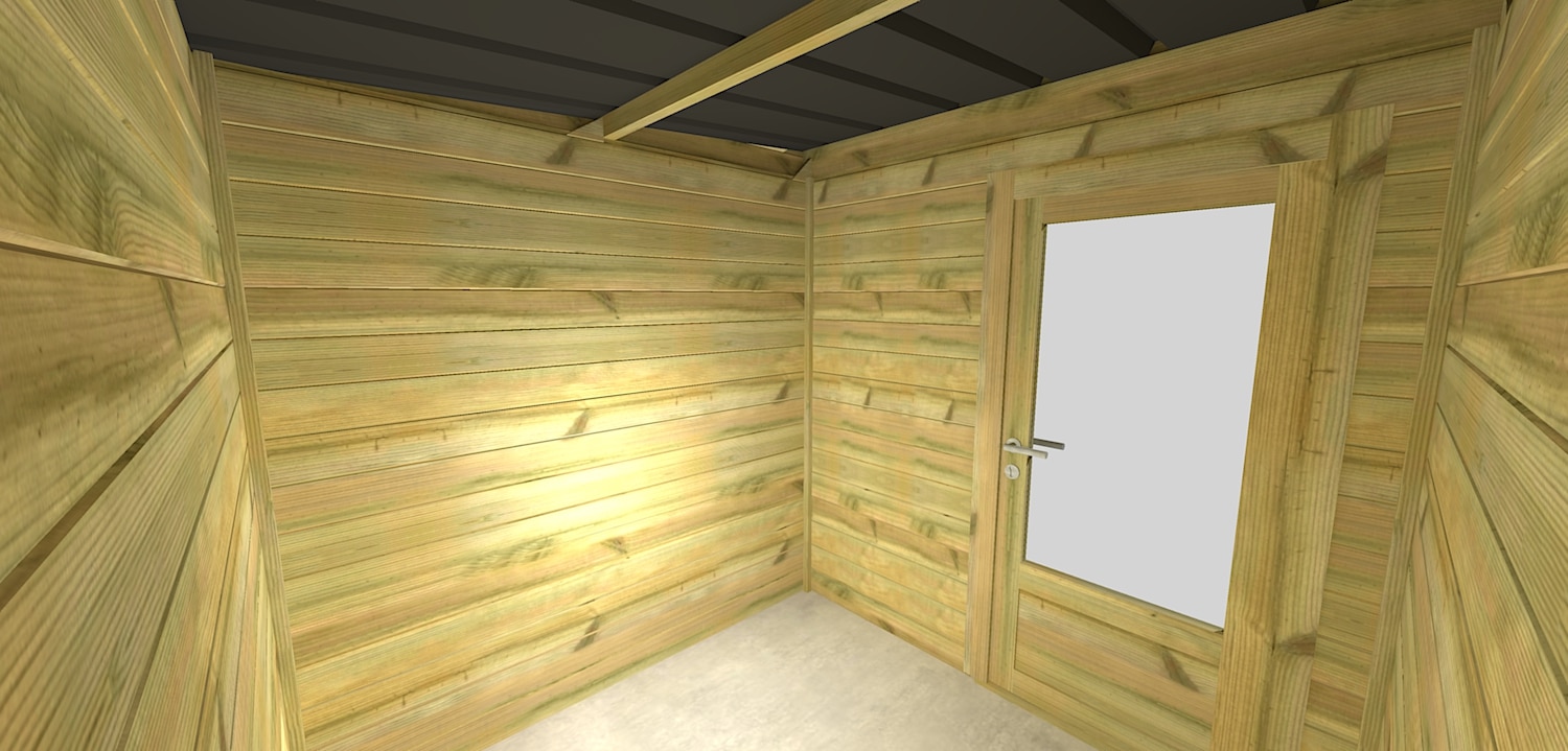 AF2x2x2,08 7 Kit abri jardin bois pin avec porte vitrée, vue intérieure de l'abri