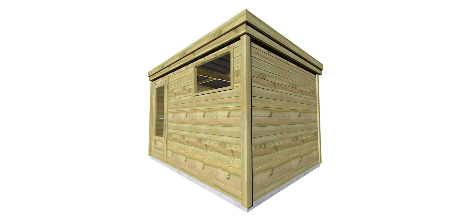 Abri jardin en bois vu de trois-quarts avec porte vitrée et fenêtre latérale