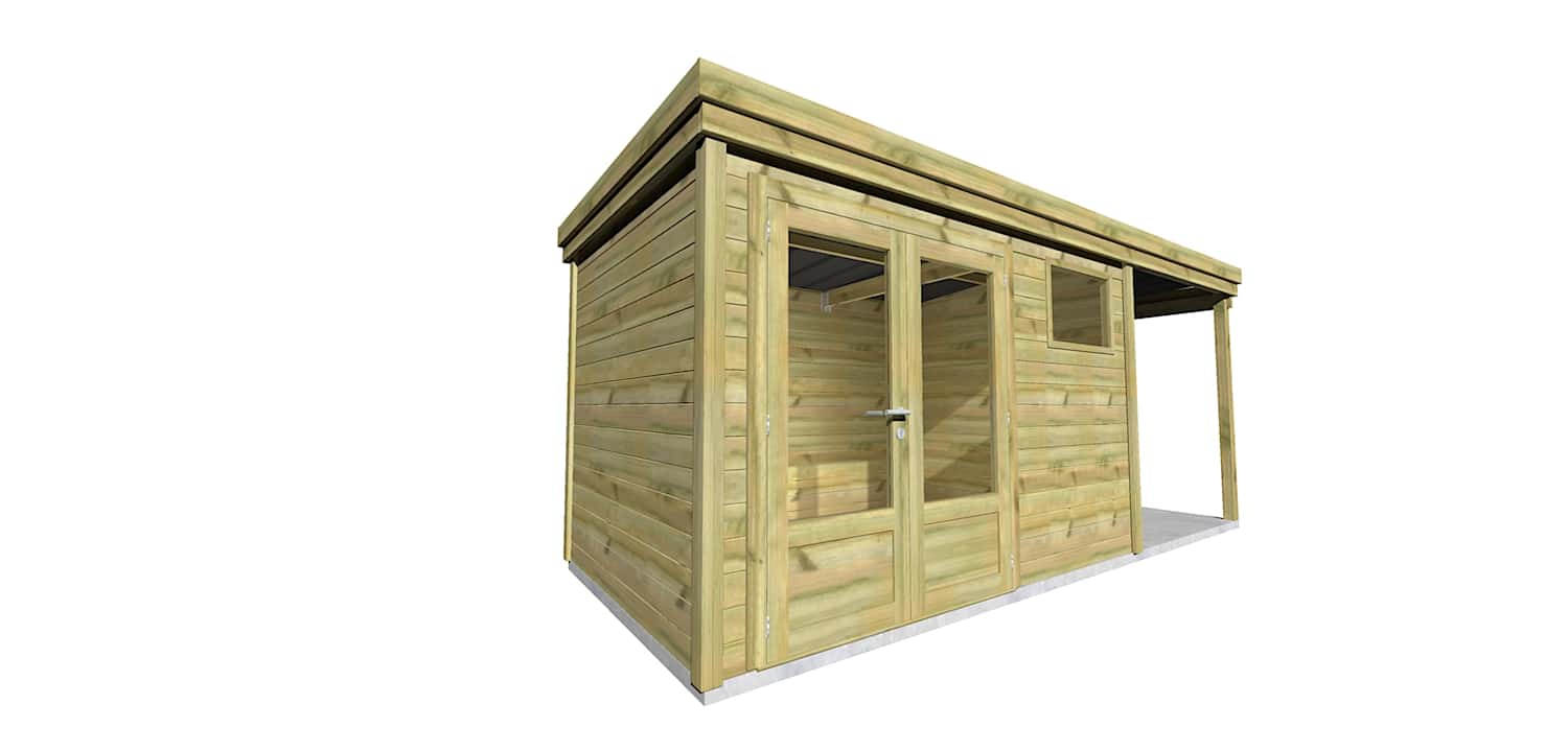 AF3,3x2x2,08+ ext2 1 Abri jardin en bois autoclave avec double porte vitrée et fenêtre latérale