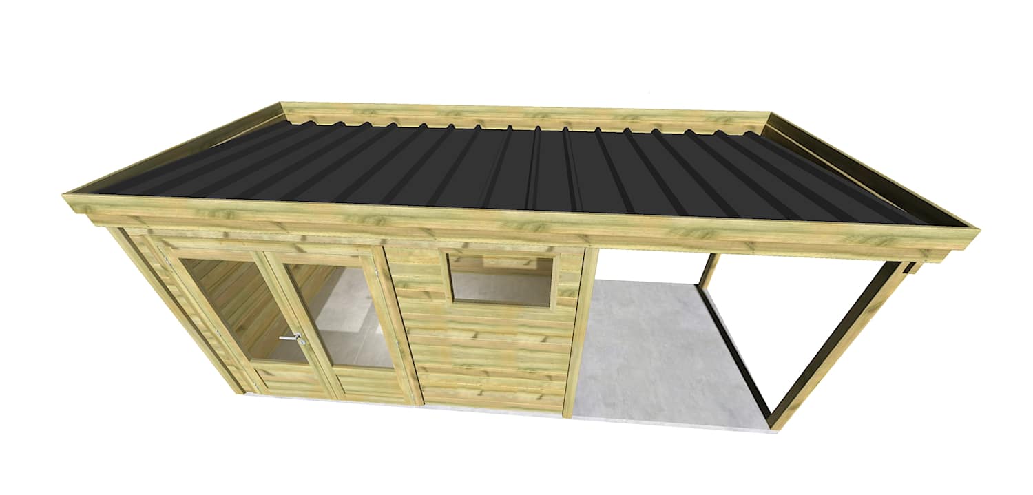AF3,3x2x2,08+ ext2 2 Abri jardin en pin sylvestre autoclave classe 3 avec toit noir et partie ouverte