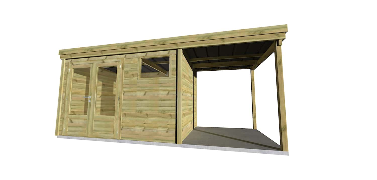 AF3,3x2x2,08+ ext2 3 Abri jardin en bois avec appentis intégré, pin sylvestre autoclave classe 3, double porte vitrée