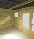 AF3,3x2x2,08+ ext2 7 Abri jardin bois clair offrant une vue dégagée sur un jardin ensoleillé