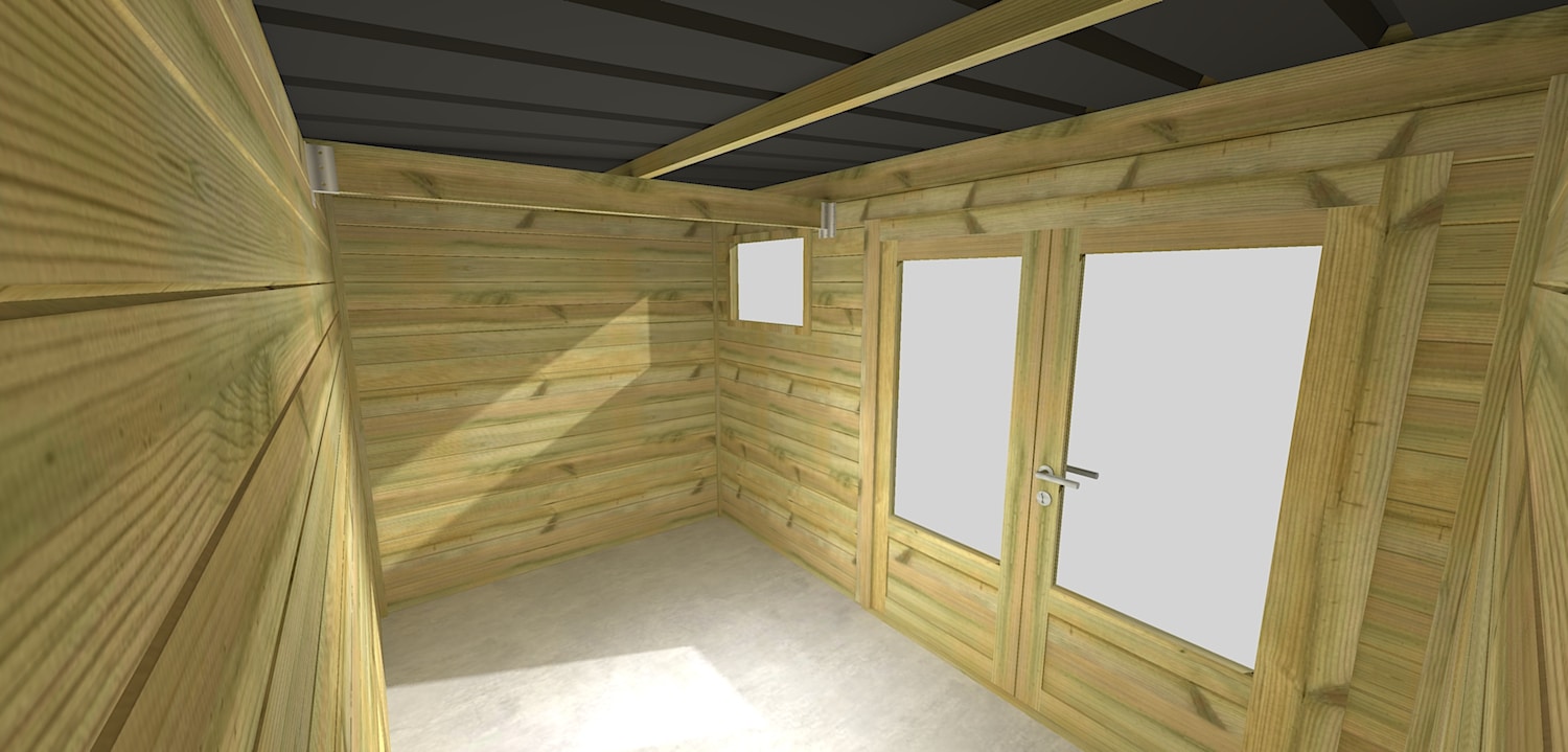 AF3,3x2x2,08+ ext2 7 Abri jardin bois clair offrant une vue dégagée sur un jardin ensoleillé
