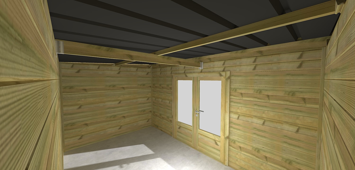 AF4,2x2,5x2,21 7 Intérieur d'un abri jardin en pin sylvestre autoclave classe 3 avec double porte vitrée