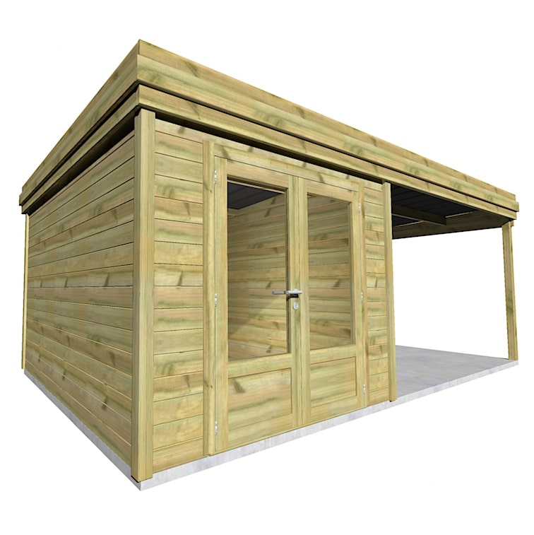 Abri jardin moderne en pin sylvestre autoclave classe 3 avec double porte vitrée et appentis
