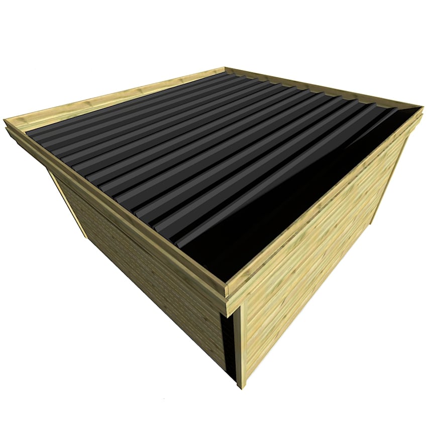 Abri jardin bois pin vue trois-quarts, toit ondulé noir aspect moderne