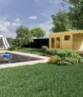 IMAGE (9)AF33x20x21EXT200P1PD1F Abri jardin en pin sylvestre autoclave classe 3 avec terrasse en bois et piscine