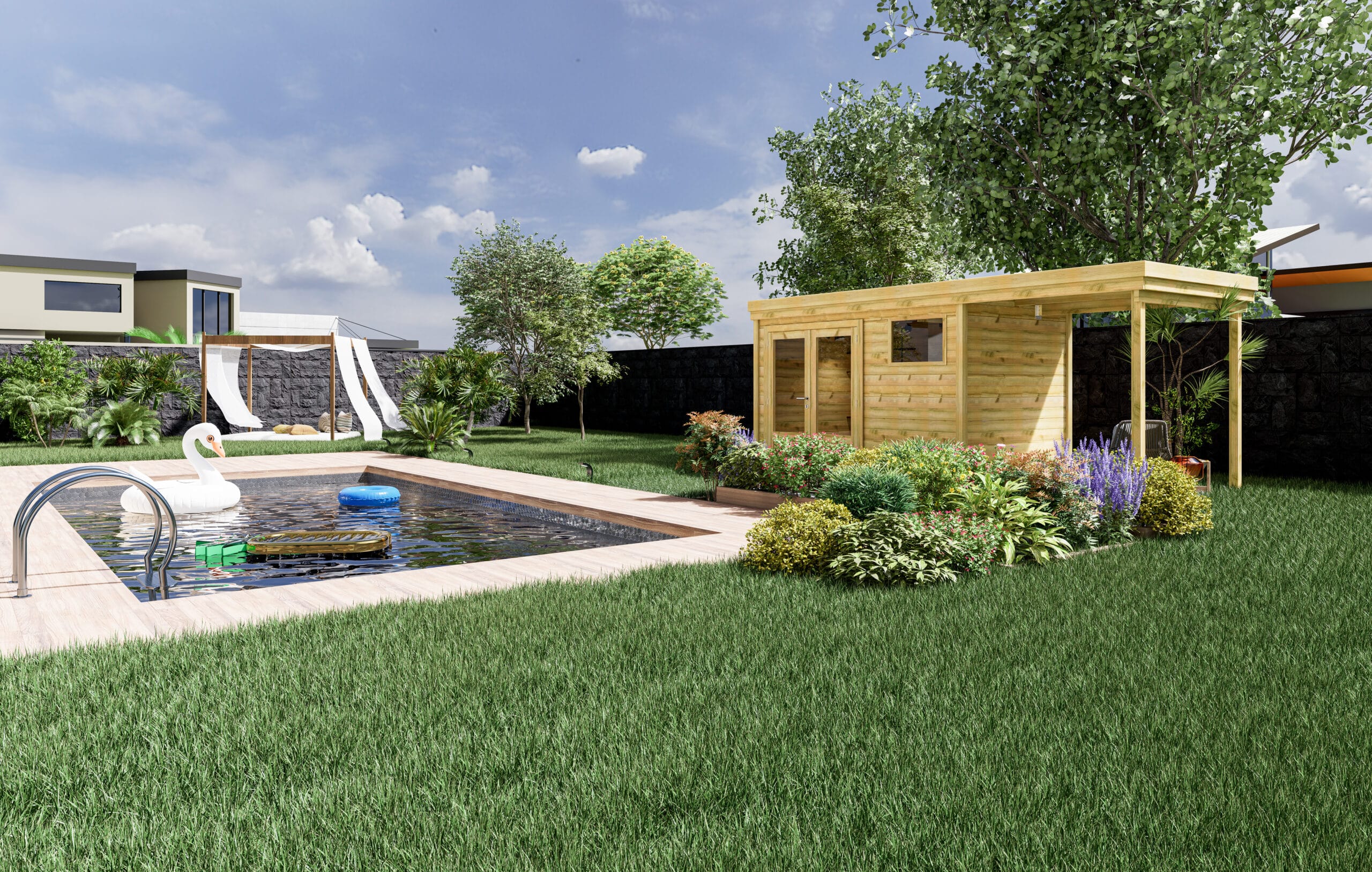 IMAGE (9)AF33x20x21EXT200P1PD1F Abri jardin en pin sylvestre autoclave classe 3 avec terrasse en bois et piscine
