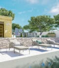 IMG (11)AF33x33x220P1PD0F Abri jardin en bois clair avec étagères intérieures, entouré de végétation et d'une piscine