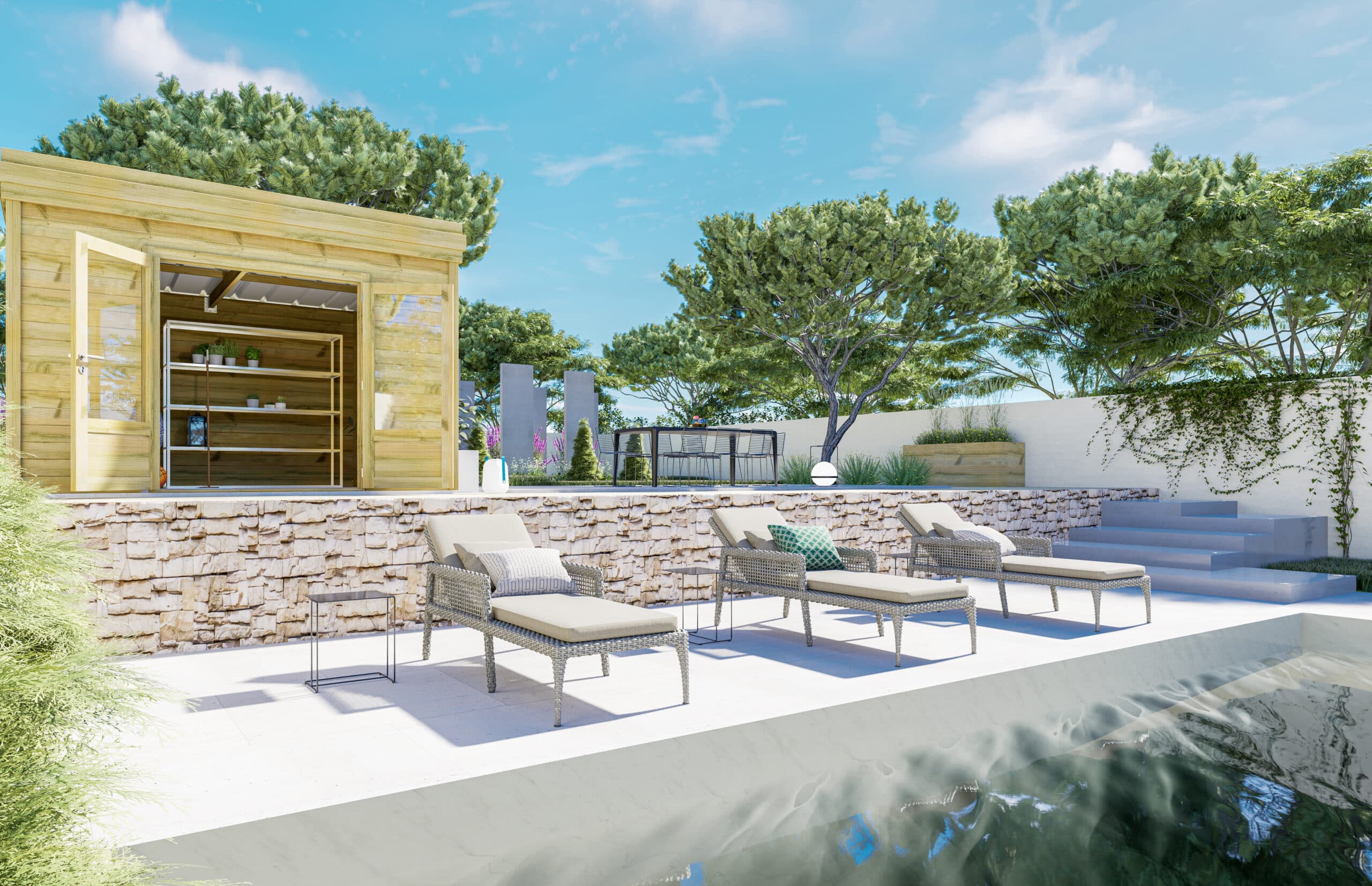 IMG (11)AF33x33x220P1PD0F Abri jardin en bois clair avec étagères intérieures, entouré de végétation et d'une piscine