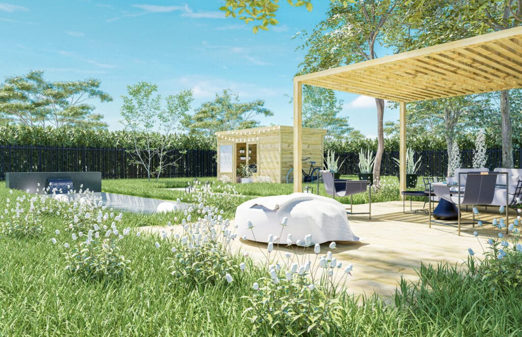 Abri jardin en bois autoclave classe 3 avec tonnelle attenante dans un jardin verdoyant