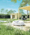 IMG (3)AF42x25x220P1PD0F Abri jardin en bois autoclave classe 3 avec tonnelle attenante dans un jardin verdoyant