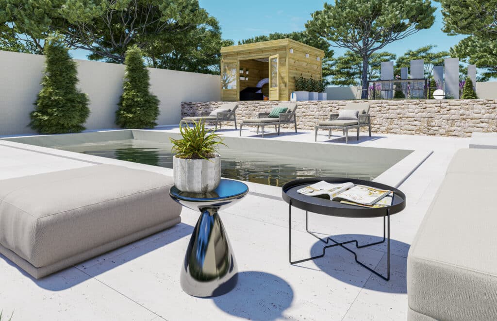 Abri jardin en bois de pin sylvestre autoclave classe 3 avec piscine et mobilier de jardin