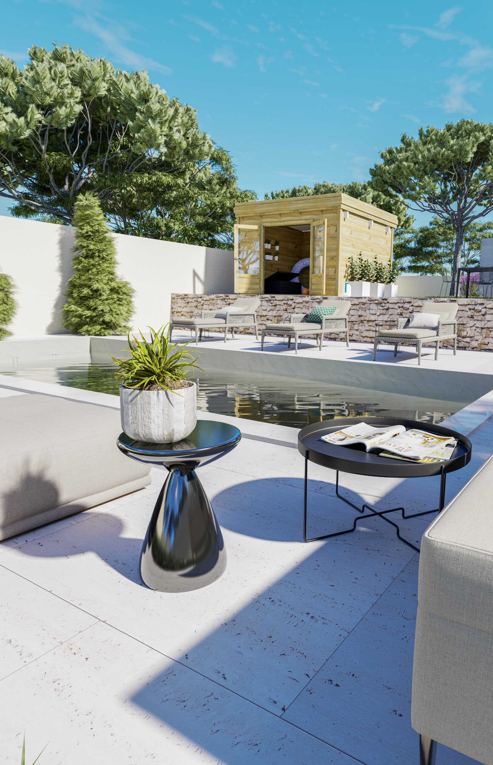 IMG (7)AF33x33x220P1PD0F Abri jardin en bois naturel avec piscine et mobilier de jardin par temps ensoleillé
