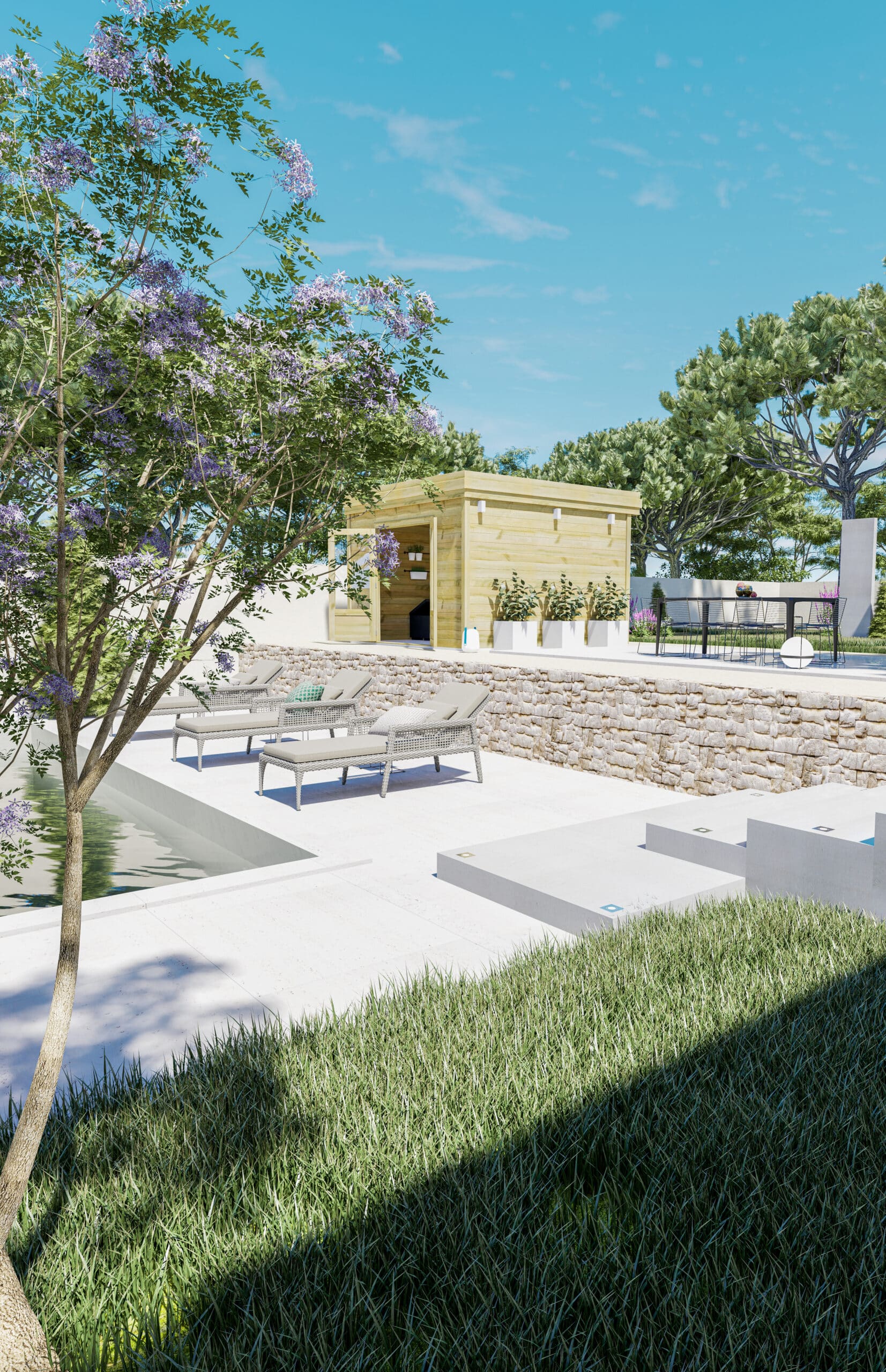 abri de jardin en bois, fondations de l'humidité, été