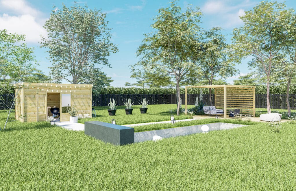 Abri jardin en bois clair avec barbecue et tonnelle moderne dans un jardin verdoyant