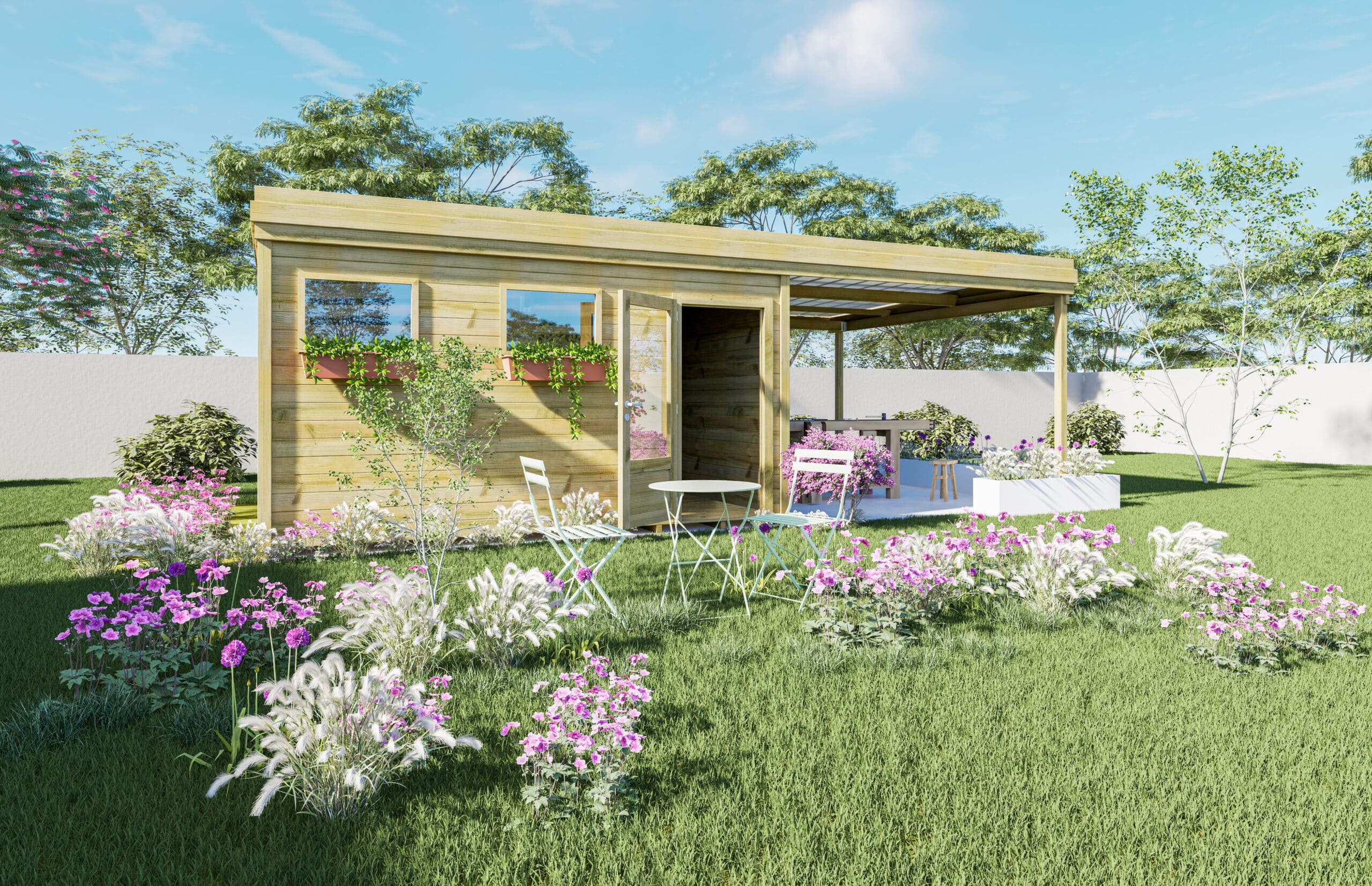 abri de jardin en bois, (panneaux solaire), été