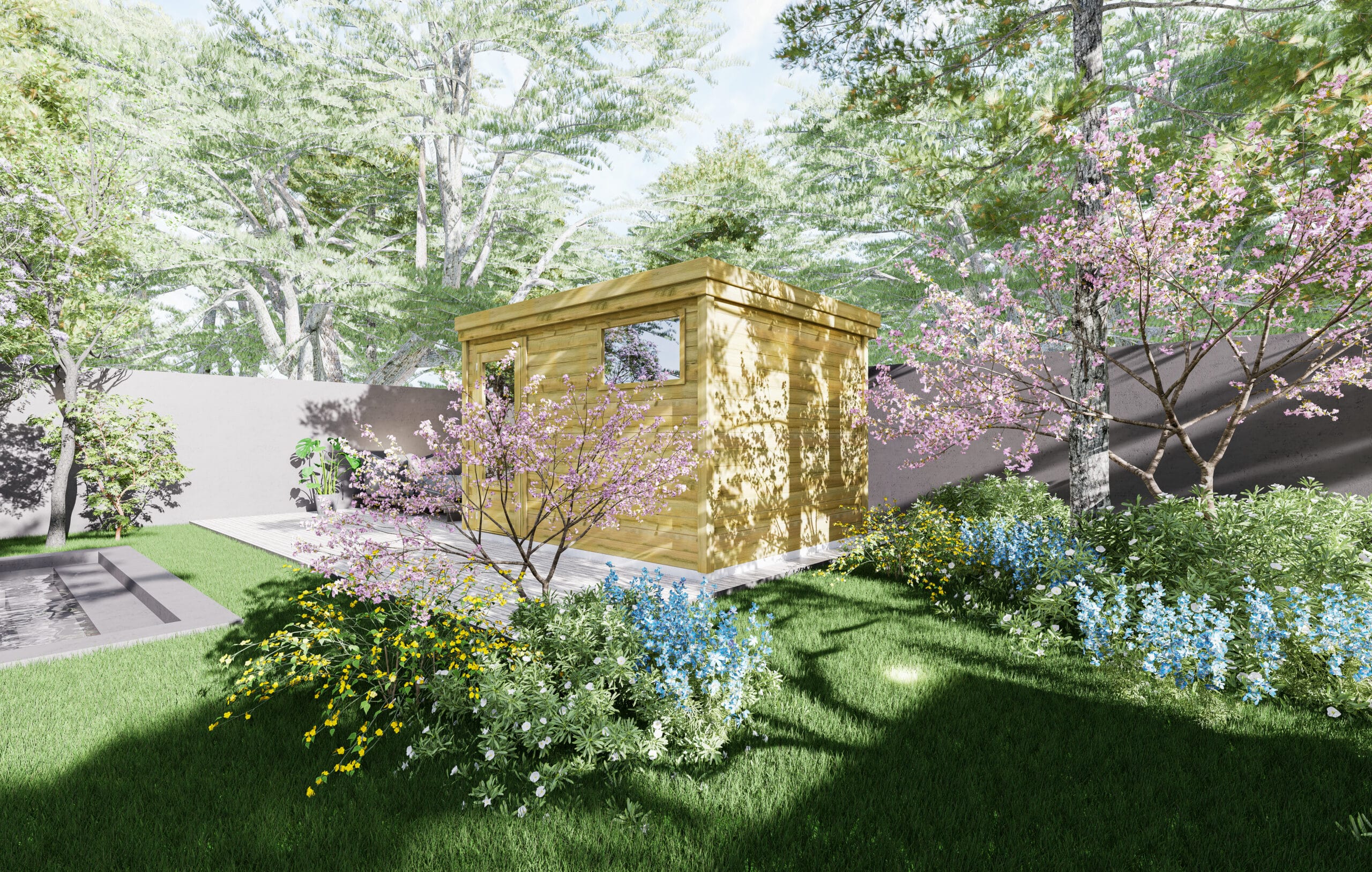 Abri jardin en pin sylvestre autoclave classe 3 dans un jardin fleuri printanier