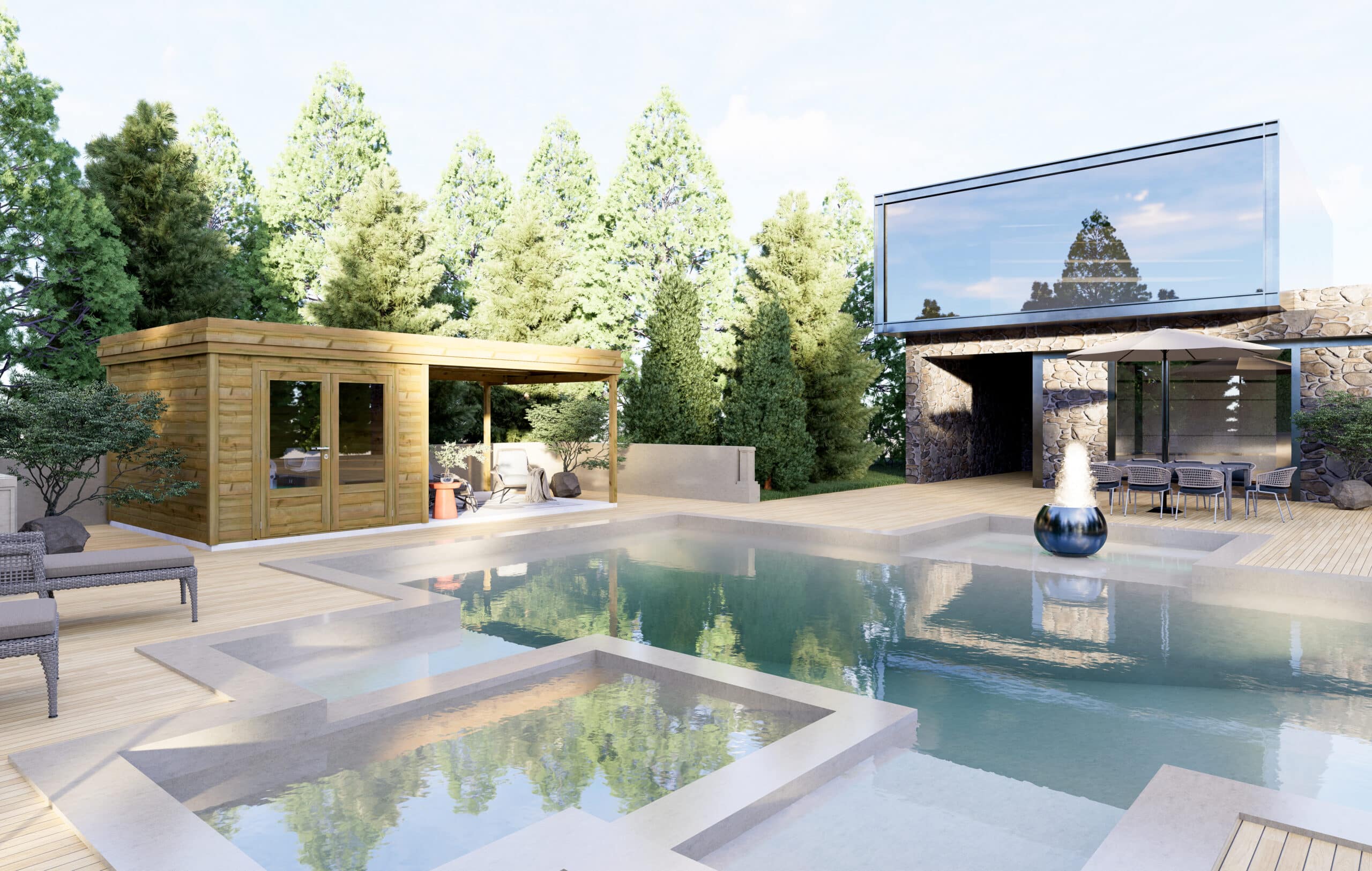Image (16)AF25x33x21EXT350P1PD0F Abri jardin en bois naturel avec appentis, entouré d'une piscine moderne et d'une maison contemporaine