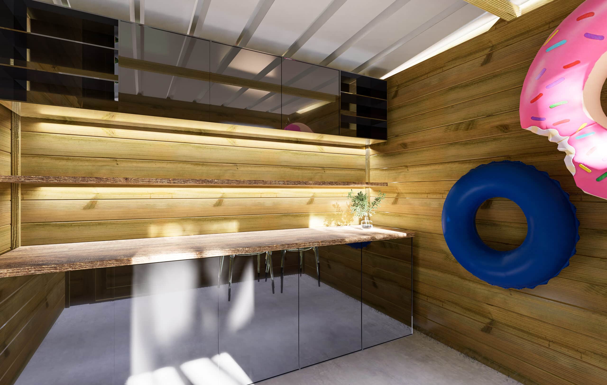 Abri jardin en bois avec étagères et armoires, décoration ludique avec bouées