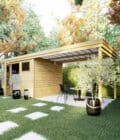 Image (2)AF33x25x21PlEXT351P0PD2F Abri jardin en bois avec carport attenant, aménagé dans un jardin verdoyant avec arbres