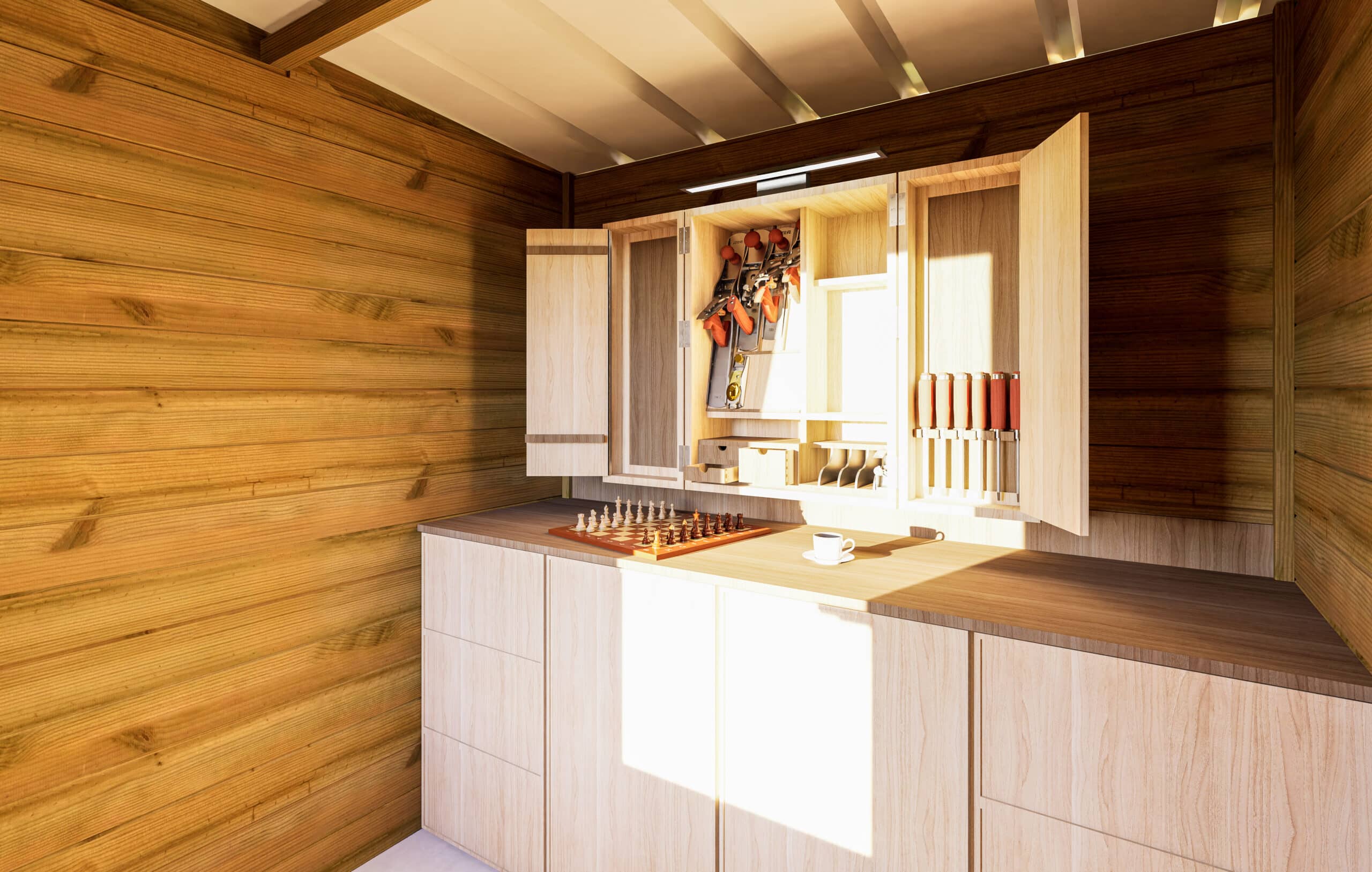Image (3)AF25x20x211P0PD0F Aménagement intérieur d'un abri jardin en bois avec rangements et échiquier