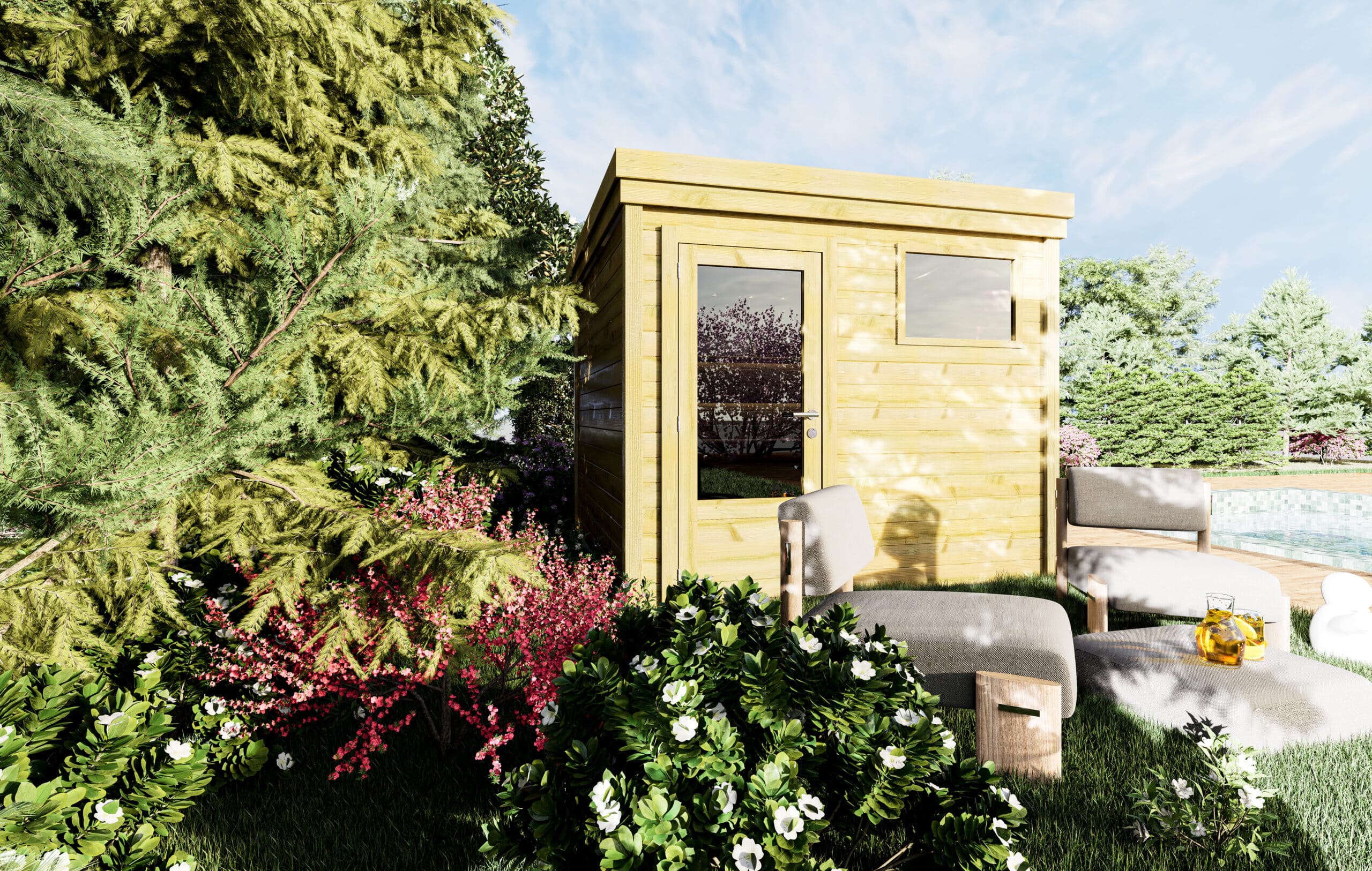 Abri jardin en bois clair avec fenêtre et porte, entouré de verdure luxuriante et d'une piscine