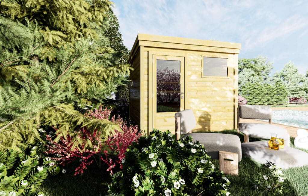 Abri jardin en pin sylvestre autoclave classe 3, avec porte vitrée, dans un jardin verdoyant près d'une piscine