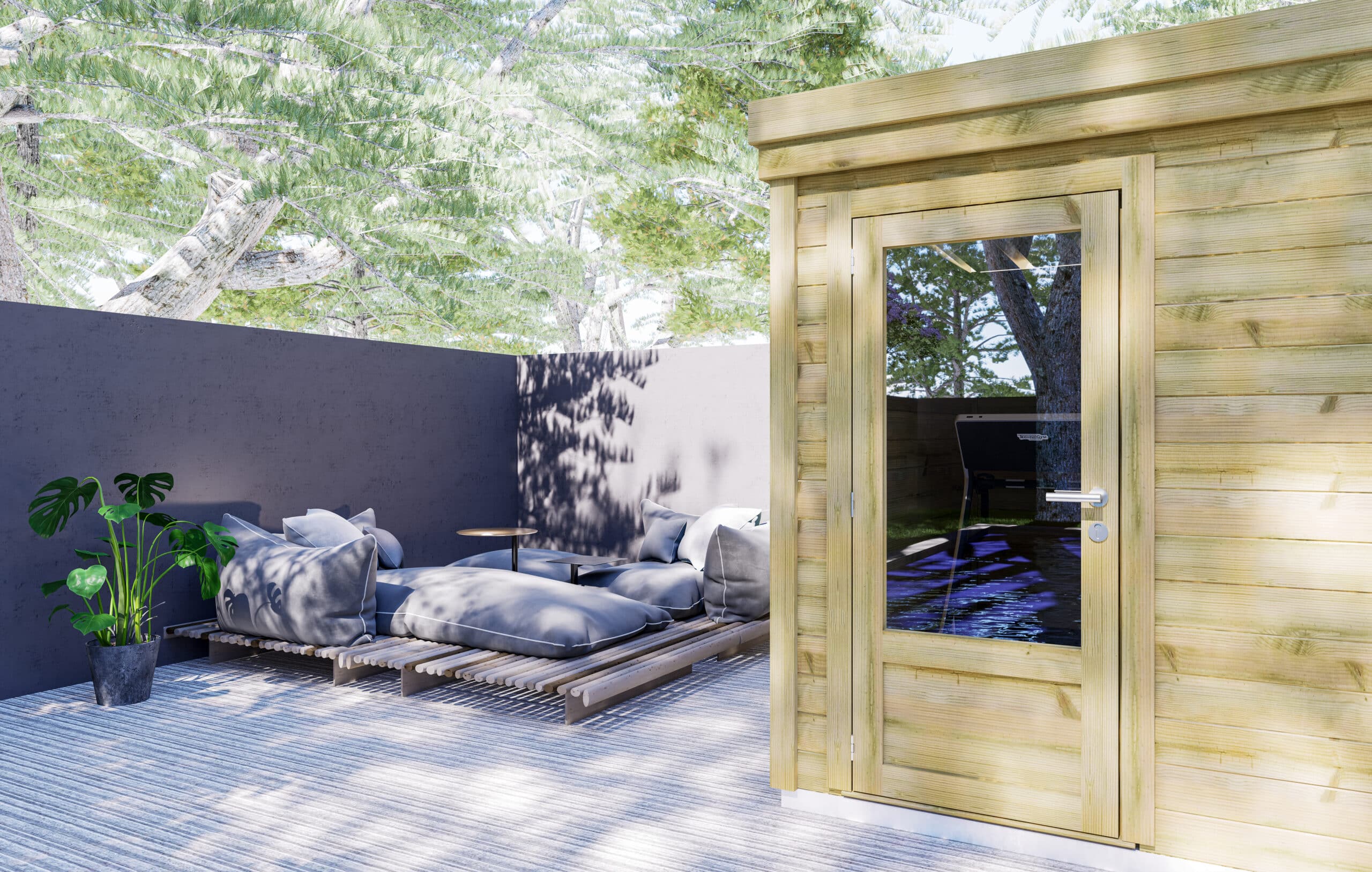 Abri jardin en pin sylvestre autoclave classe 3 avec porte vitrée et espace détente extérieur