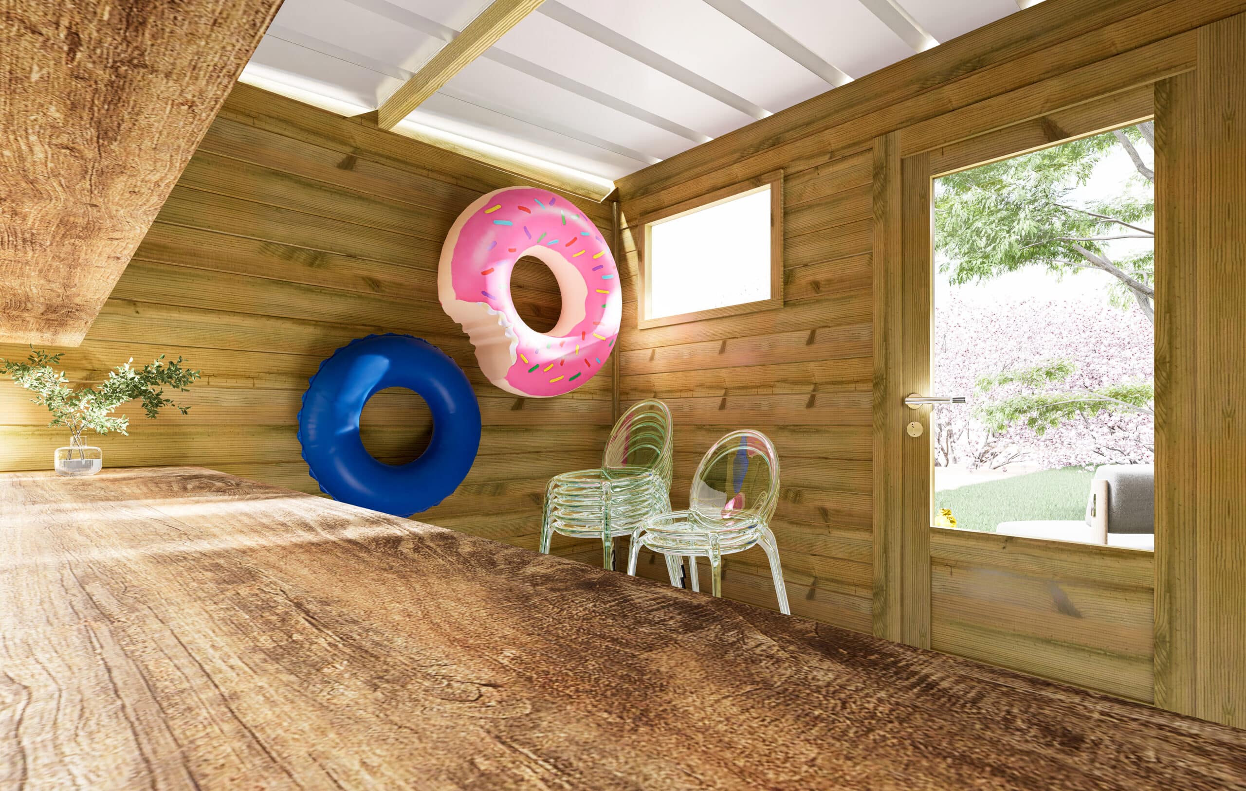 Intérieur d'un abri jardin en bois de pin sylvestre autoclave avec bouées et chaises transparentes