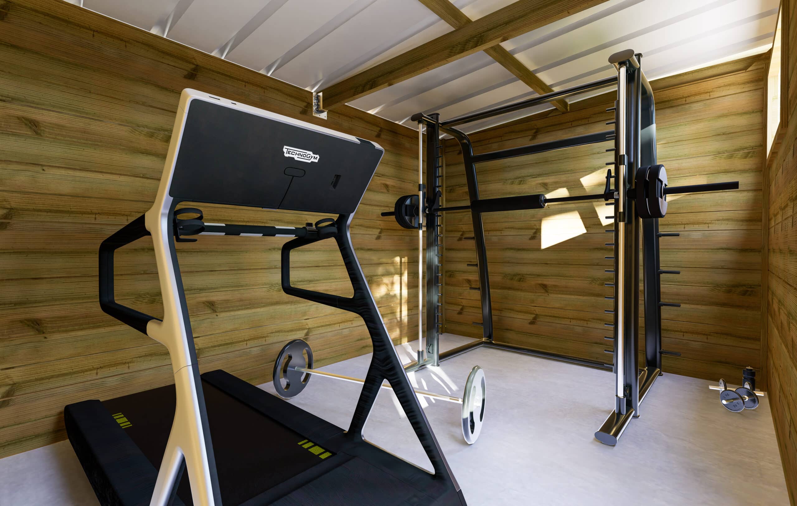 Abri jardin en bois avec tapis de course et équipement de musculation pour une salle de sport intérieure