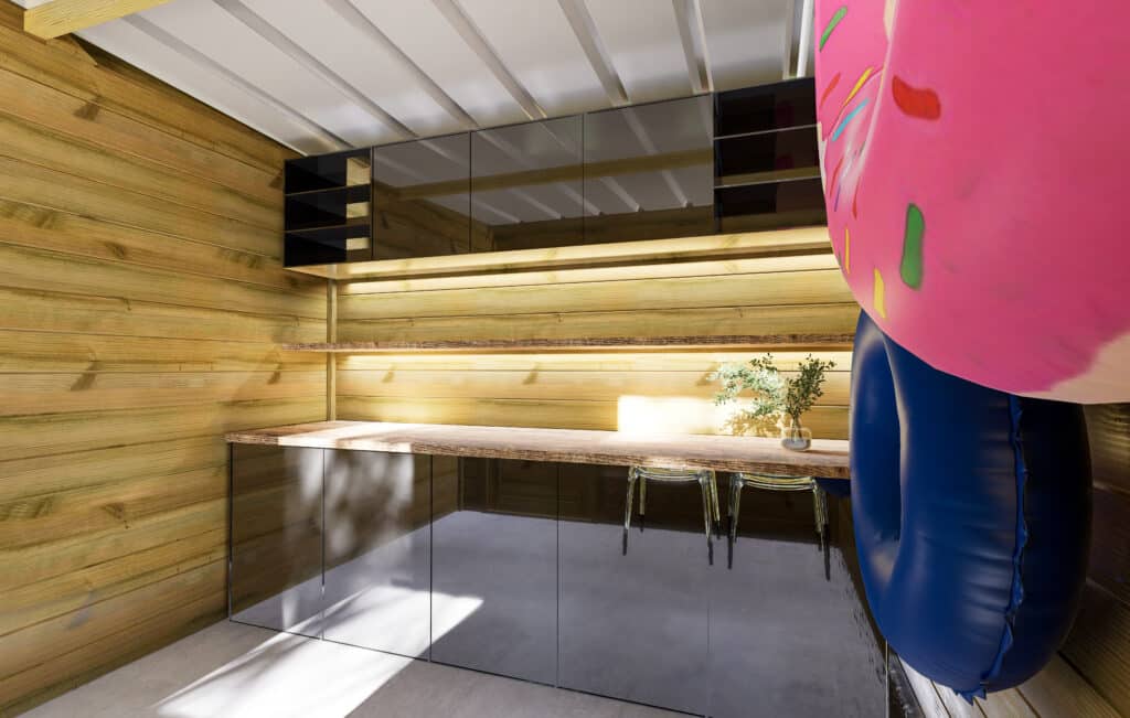 abri de jardin en bois, aménager un coin cuisine, abri français, intérieur