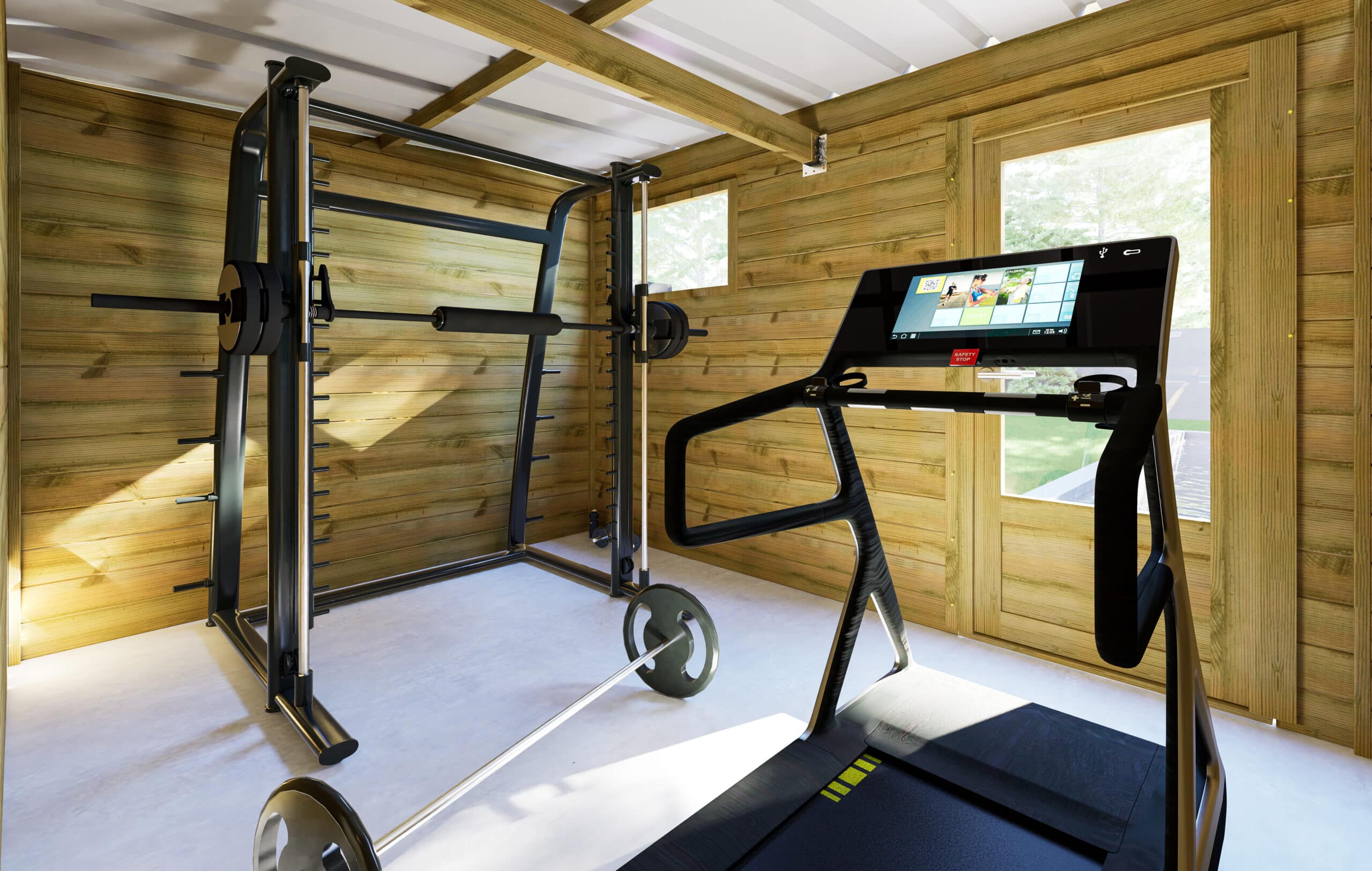 Abri jardin en bois avec équipement de musculation et tapis de course intérieur