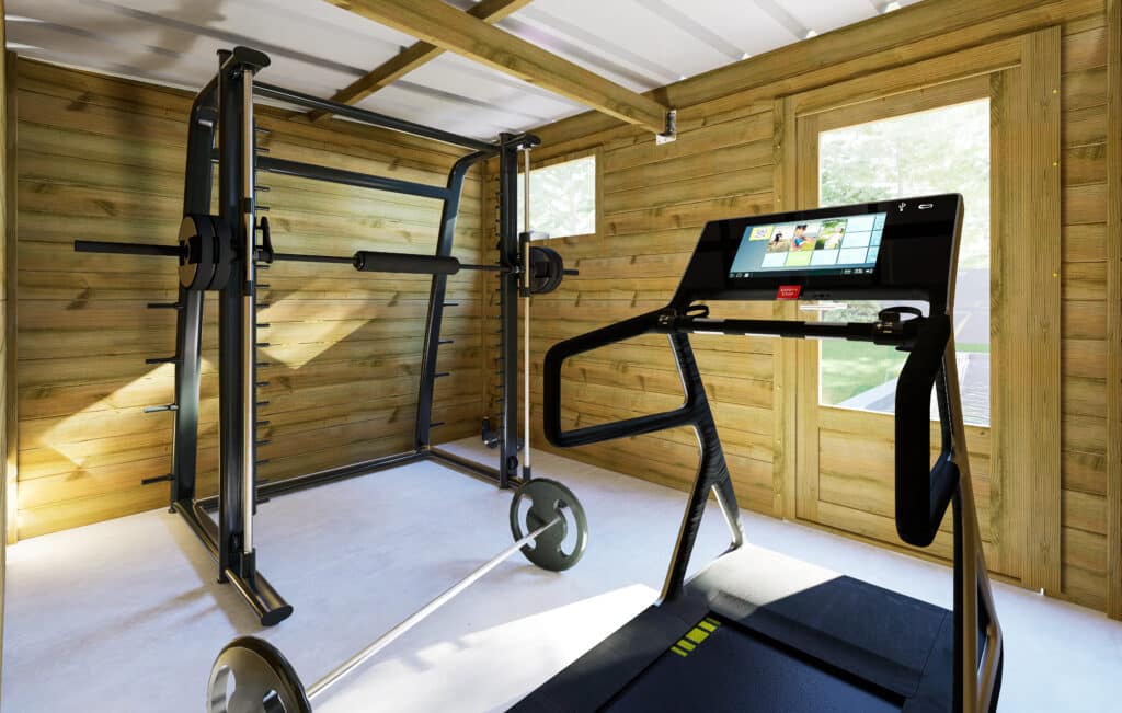 Abri jardin en bois avec équipement de musculation et tapis de course
