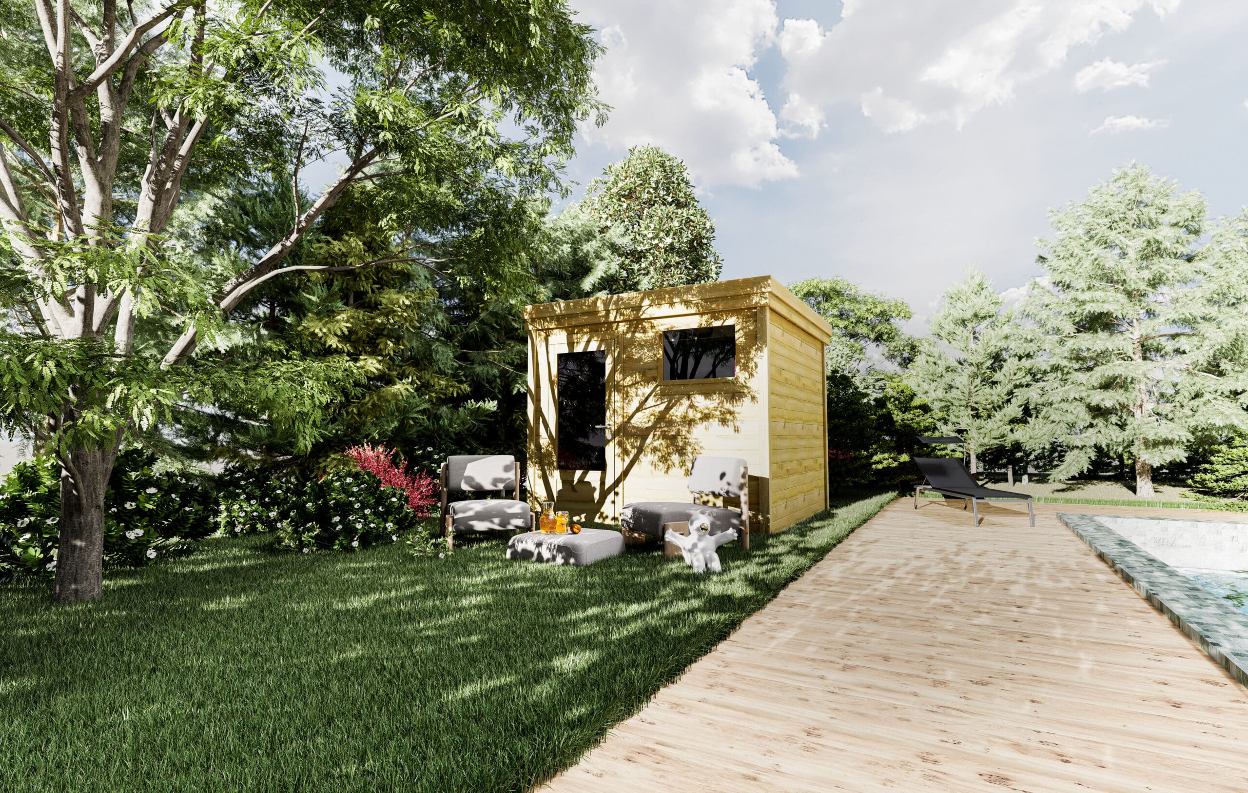 Abri jardin en pin sylvestre autoclave classe 3, avec terrasse en bois et mobilier de jardin