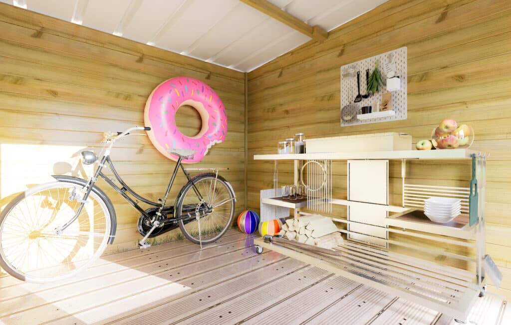 abri de jardin en bois, abri français, intérieur, rangement, usage pour un abri de jardin en bois