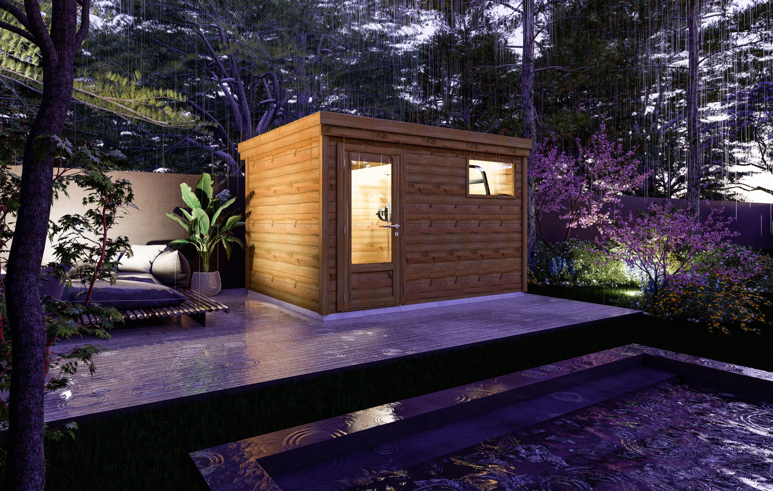 abri de jardin en bois, nuit, nettoyer son abri de jardin, lumière, piscine