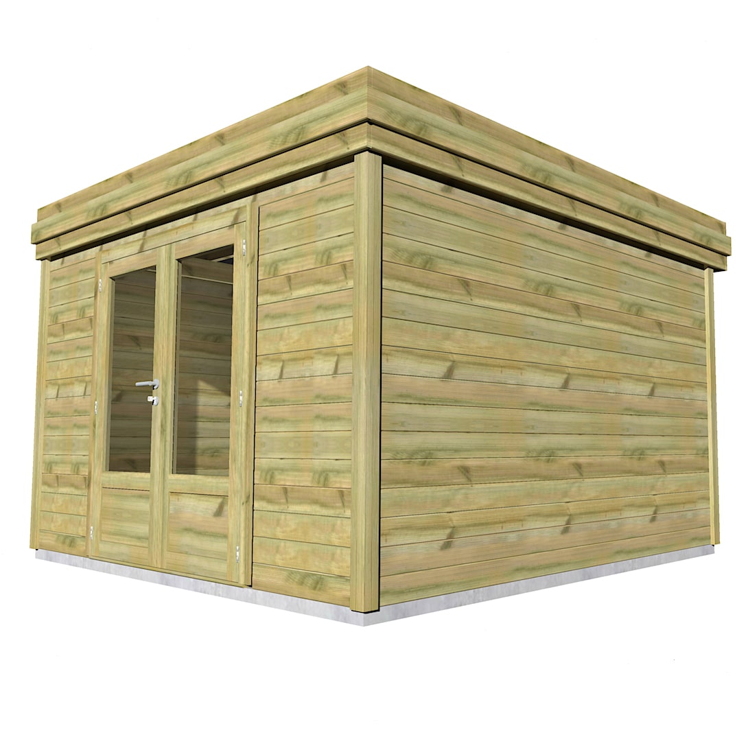 3 AF33x33x210P1PD0F Abri jardin bois autoclave vue trois-quarts sur double porte vitrée lumineuse