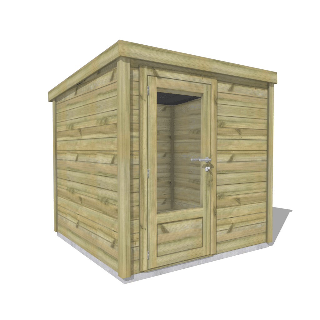a wooden shed with a door