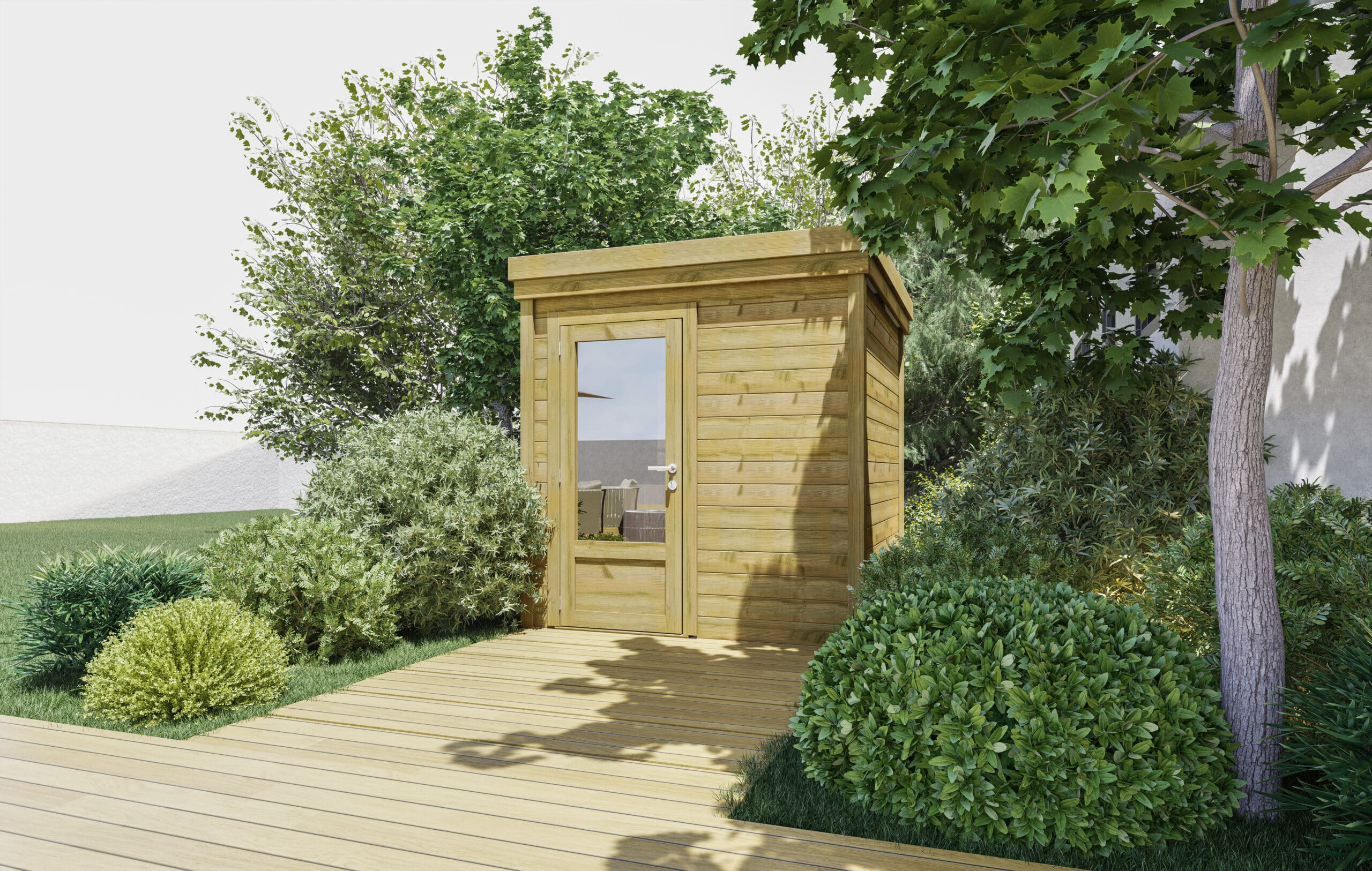 abri de jardin en bois, plancher, terrasse, arbre, été, utilité d'un plancher