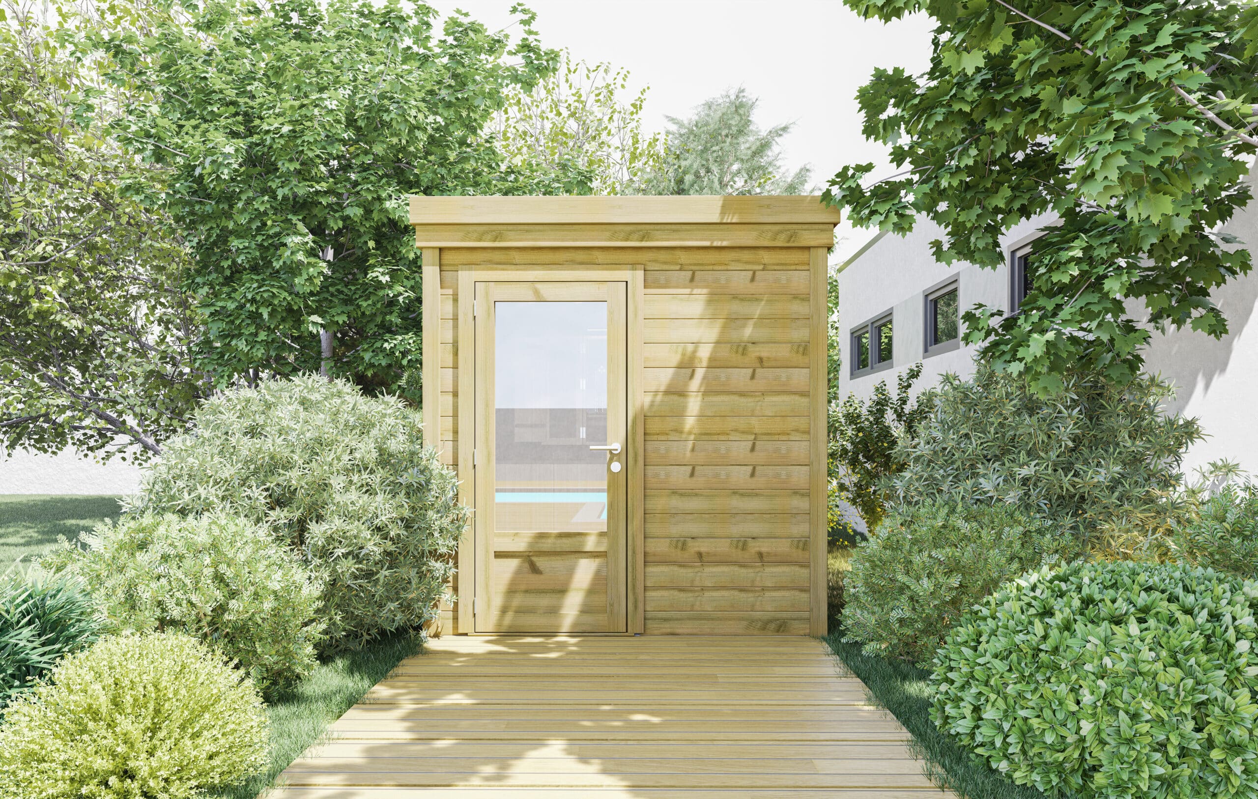 abri de jardin en bois, nature, repos, épaisseur des planches, été, porte vitrée, options écologiques