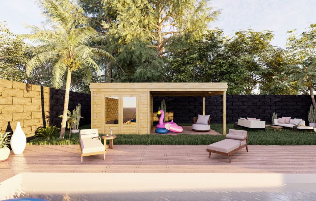 Abri jardin en bois pin avec appentis, mobilier extérieur et piscine