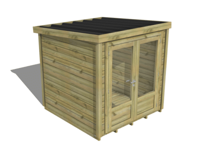 Abri jardin bois pin avec double porte vitrée et plancher, toiture noire